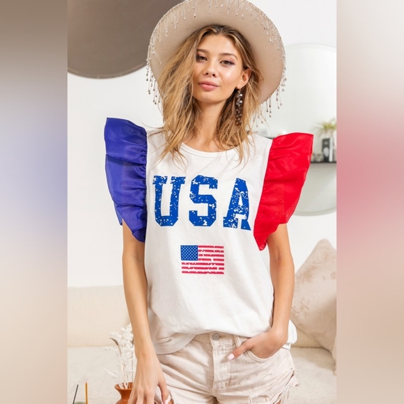 BiBi USA Theme Color Block Organza Ruffle Sleeve Top - Picture 4 of 8